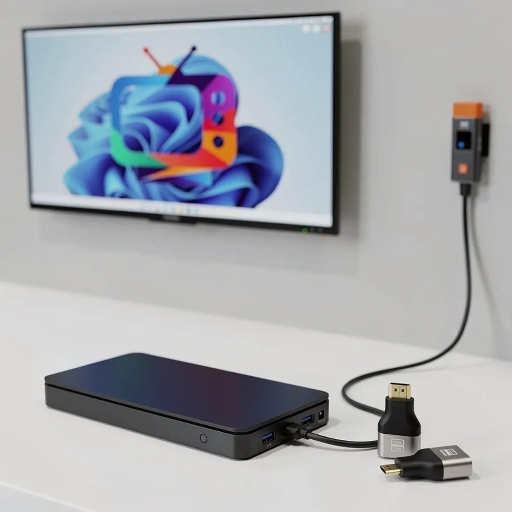 A compact player with HDMI adapters and a wall-mounted TV